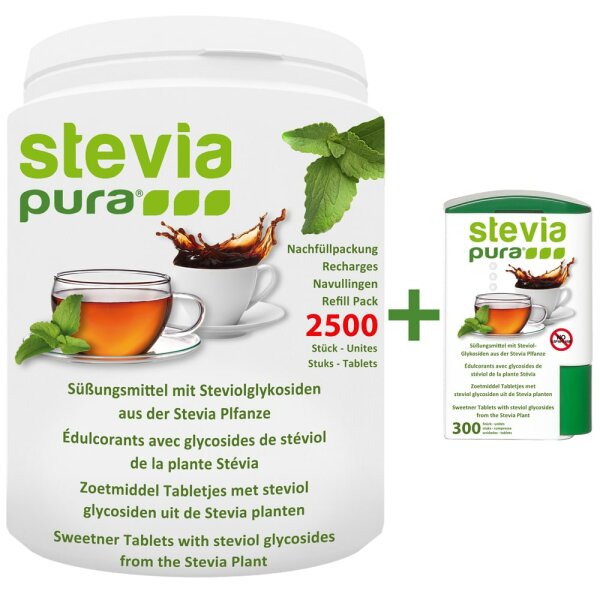 Stevia Süßstofftabletten Nachfüllpackung | Stevia Tabs | Stevia Tabletten | 2500 +300 + Spender