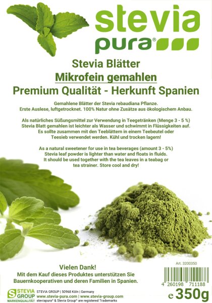 Stevia Blätter - PREMIUM QUALITÄT - Stevia rebaudiana, mikrofein gemahlen - 350g