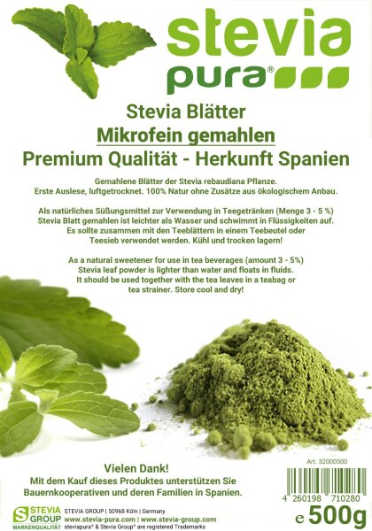 Stevia Blätter gemahlen | Stevia rebaudiana | Stevia Süsskraut | 500g