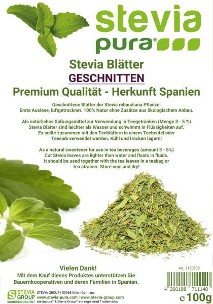 Stevia Blätter - PREMIUM QUALITÄT - Stevia rebaudiana, geschnitten - 100g