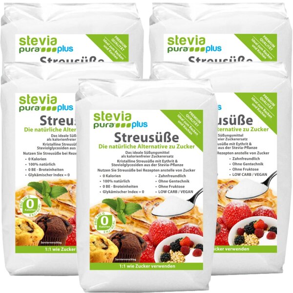 Adoçante em Pó Stevia Cristalina | Substituto do Açúcar | Adoçante com Eritritol e Stevia | 5x1kg