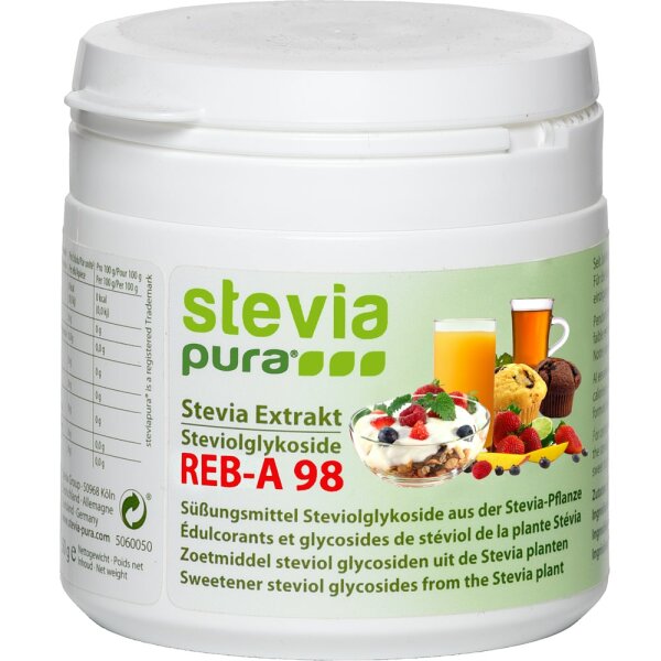 Reines hochkonzentriertes Stevia Extrakt | Rebaudiosid A 98% - 50g | inkl. Dosierlöffel